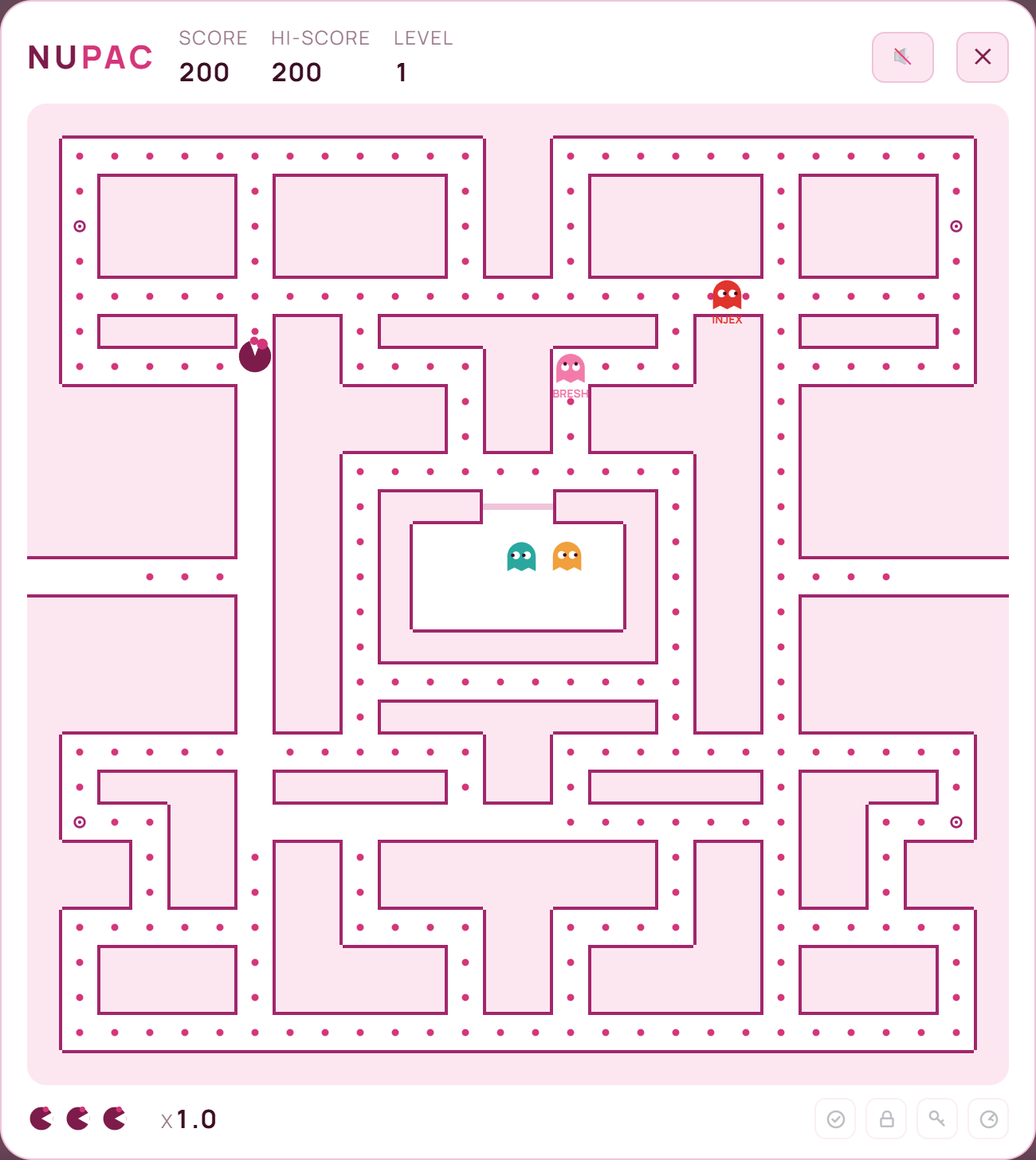 NuPac gameplay: the plum-and-pink maze with data packets, Zero Trust pellets, and threat ghosts