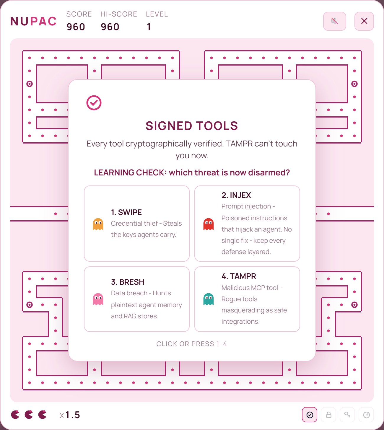 A NuPac learning check: pick the threat that Signed Tools disarms from the four-ghost lineup